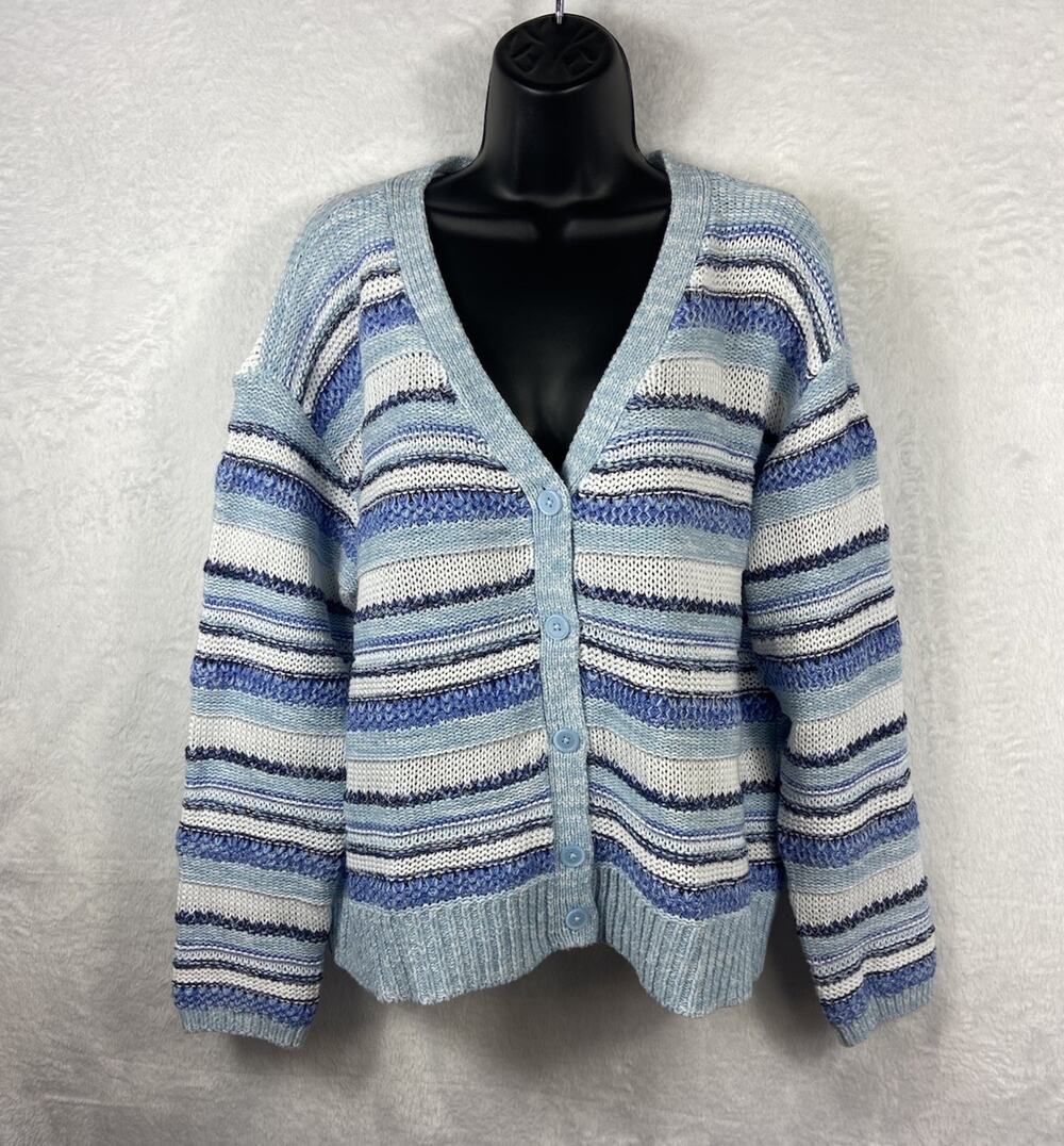 Talbots Coastal Cardigan Sweater Women’s L Striped Preppy Cotton Casual